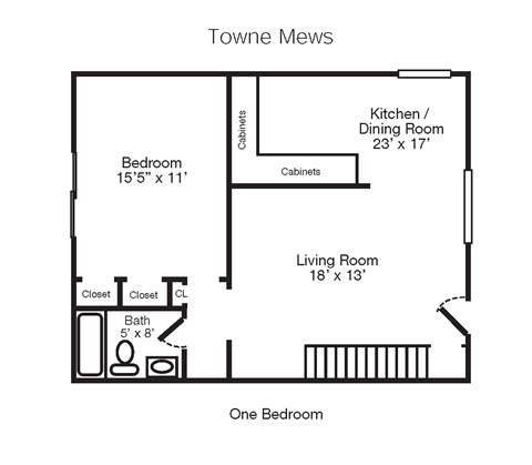 Floor plan for 1 bed, 1 bath